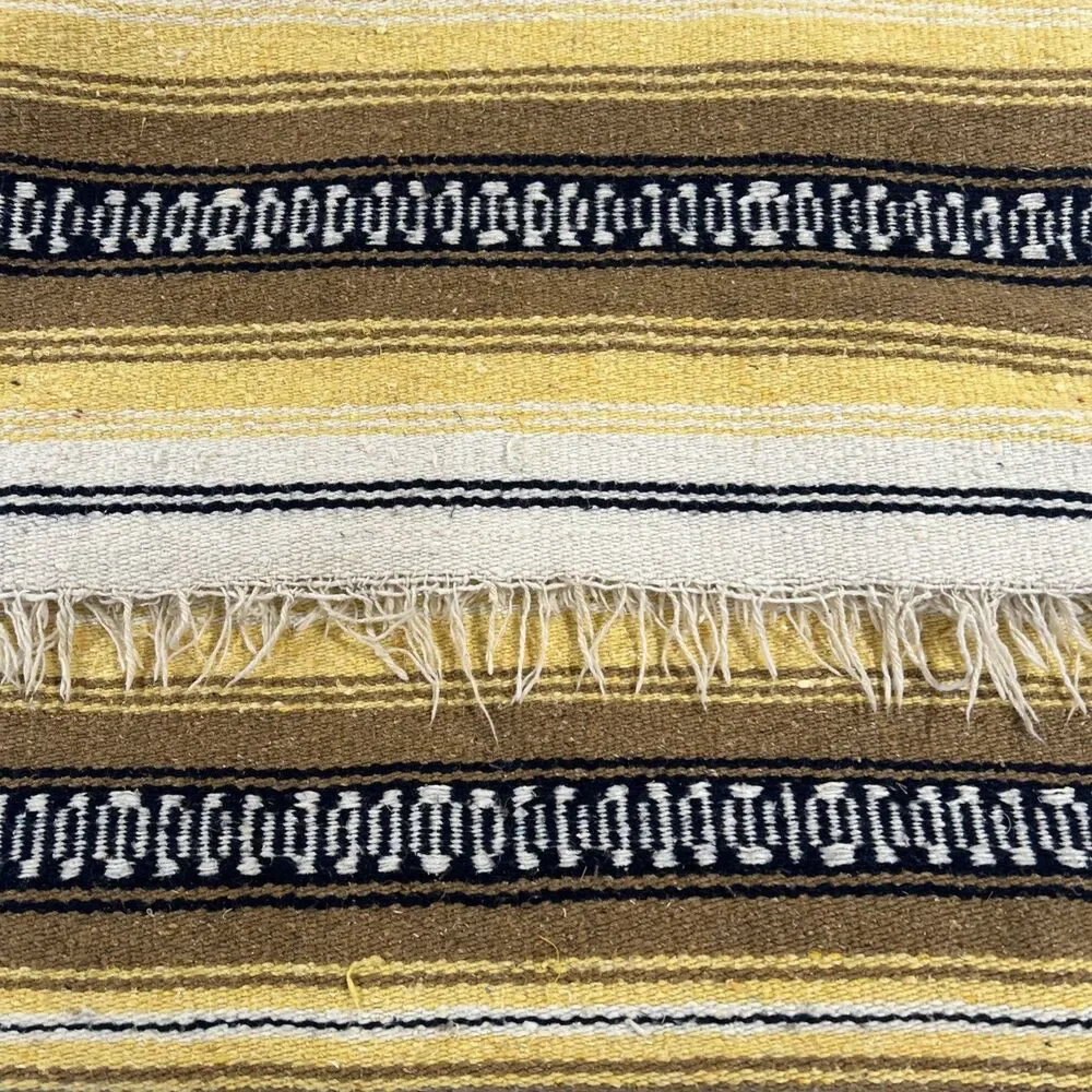 Traditional FALSA Mexican Hand Woven Sarape Throw Yellow, Black, Beige 53” X 86”